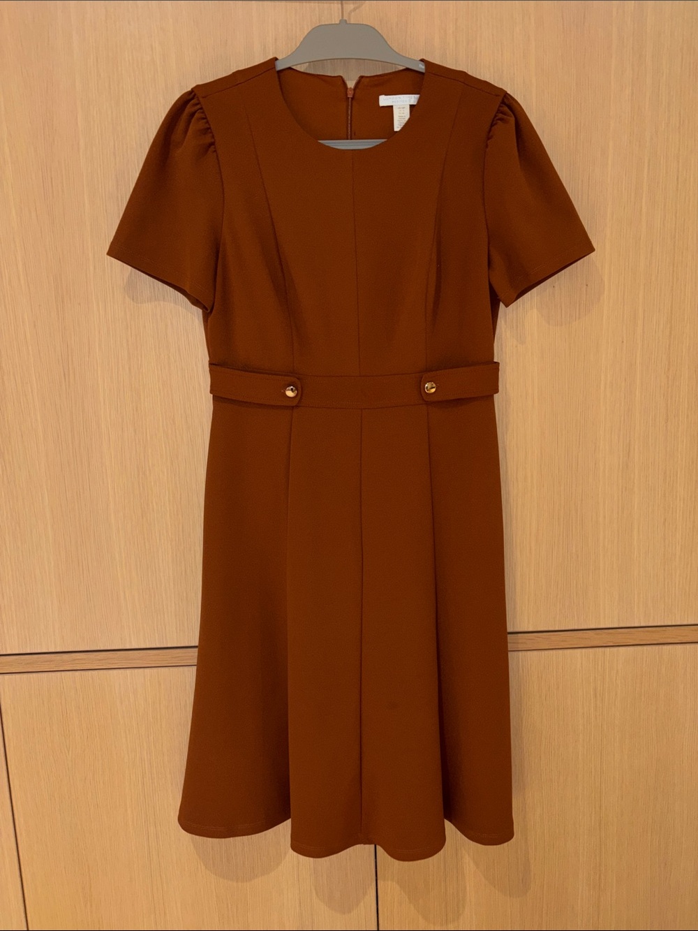 London Times Rust Brown Short-Sleeve Midi Dress with Gold Accent Buttons.